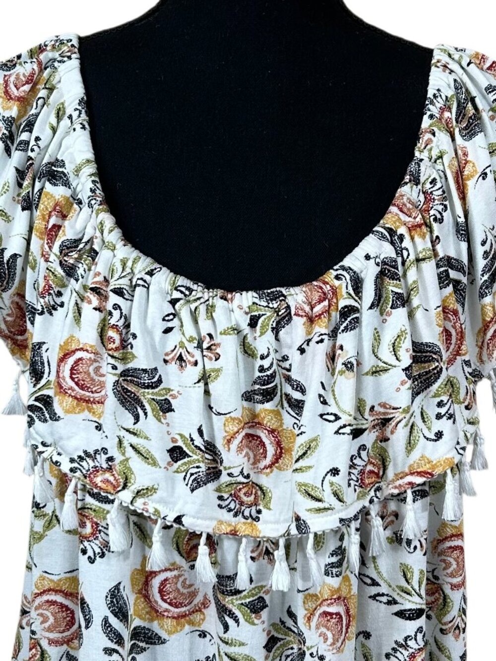 Fever Green Orange White Peasant Off Shoulder Tassel Detail Top Size L - Picture 3 of 8